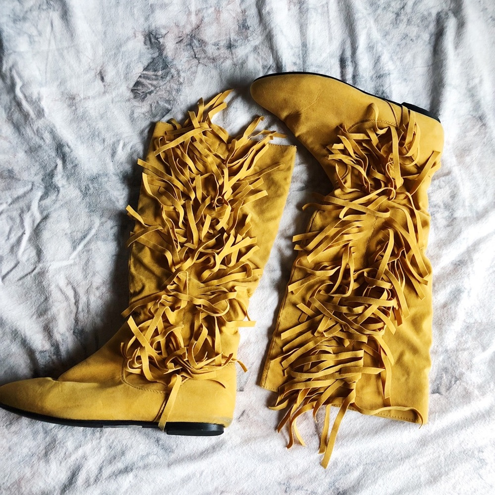 Boho, Fringe, Mustard Yellow, Boots